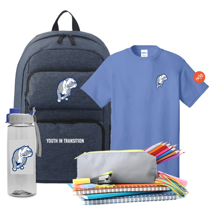 backpack and pencils and notebooks and tshirt and waterbottle